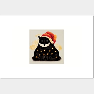 Black Santa Cat Tangled Up In Lights Christmas Santa Posters and Art